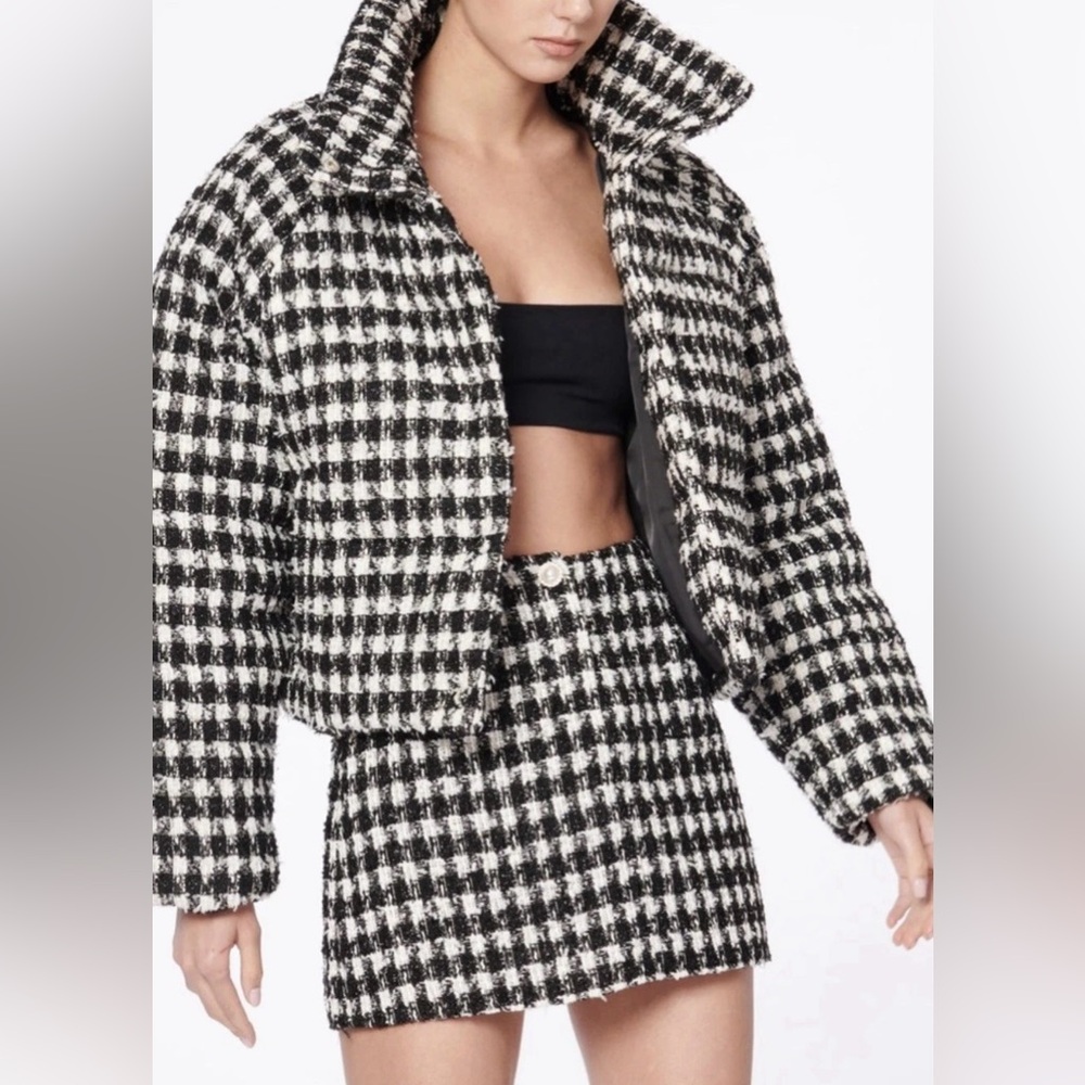 $495 CAMI NYC ‘Ardea’ Black + White Metallic Tweed Houndstooth Puffer Jacket S